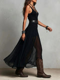 Summer New Black Strap Long Dress for Women, Mesh Dress with Belt