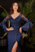 Long Bell Sleeve Lace & Satin Gown-1