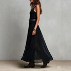 Summer New Black Strap Long Dress for Women, Mesh Dress with Belt