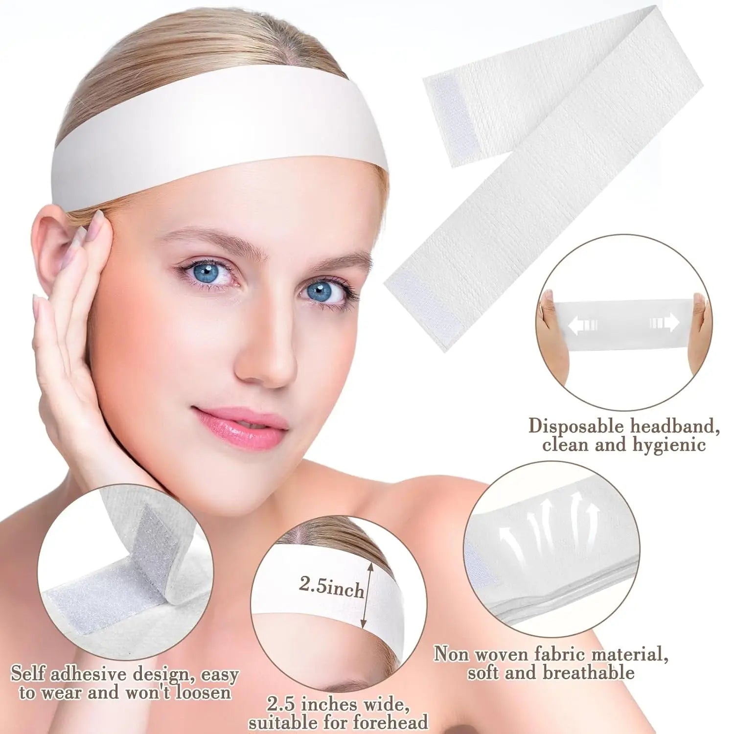 50/100/200PCS Disposable Facial Headbands for Women – Soft Non-Woven Spa Headbands for Facials, Makeup, Skincare, Salon Use