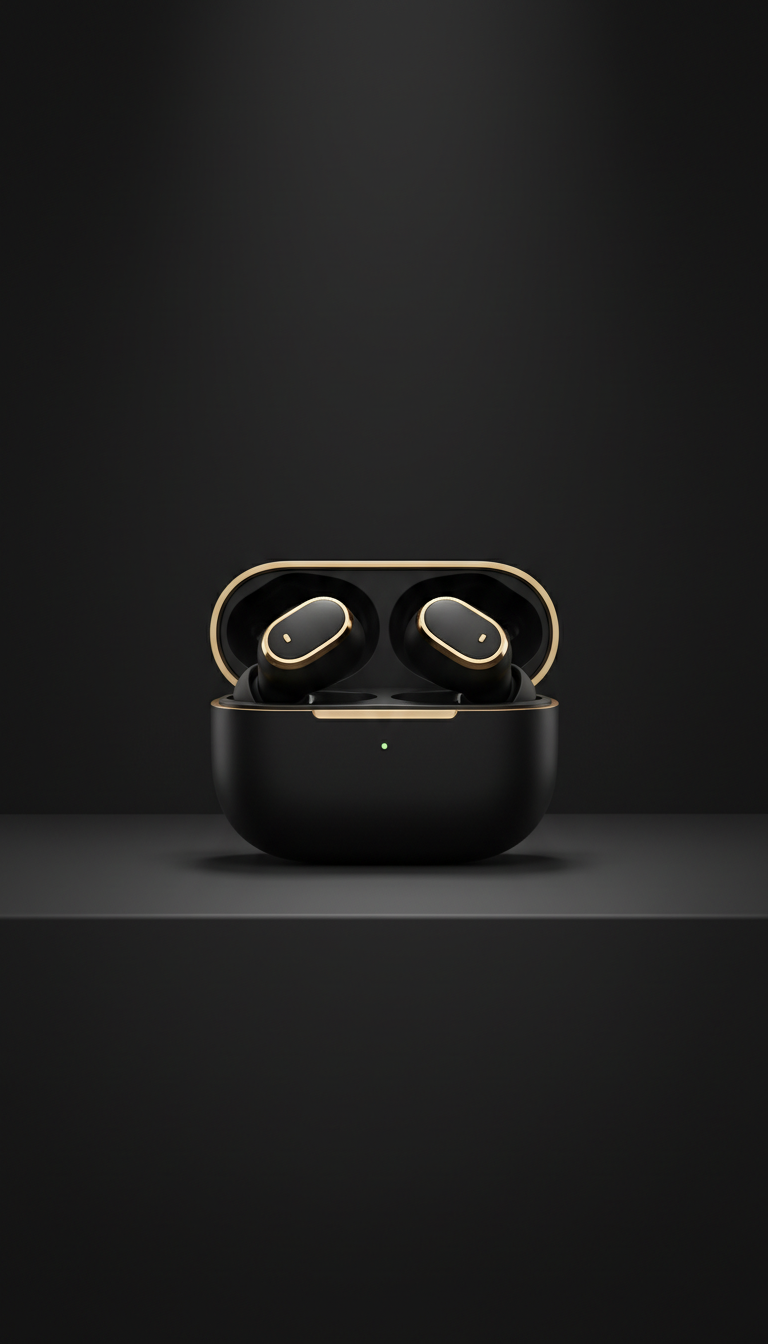 Matte black earbuds with gold accents