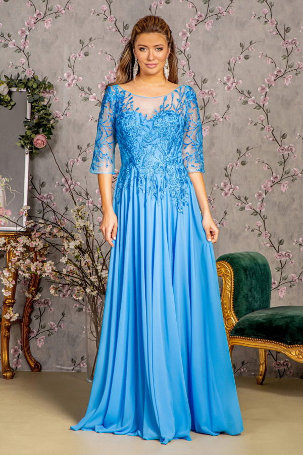 Bead Embroidery Sheer Neckline V-back Chiffon A-line Long Dress-2